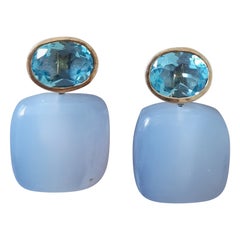 Blauer Topas Oval Facettiert 14k Solid Gold Chalcedon Kissen Form Ohrstecker