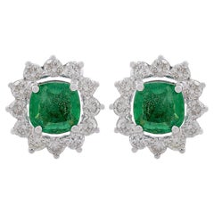 Natural Cushion Emerald Halo Diamond Stud Earrings 14k White Gold Wedding Gift