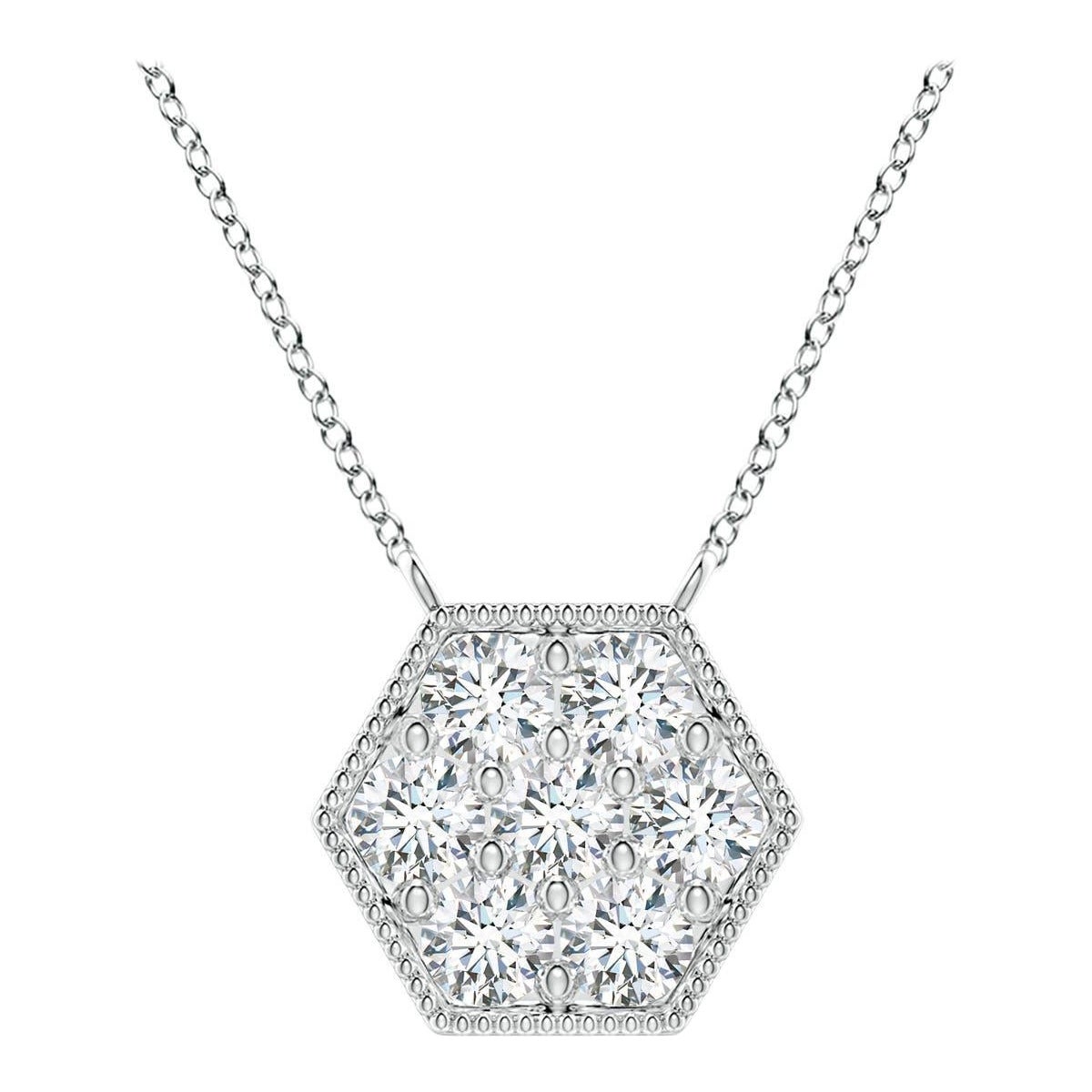 Angara Natural Pave-Set Diamond Hexagon Necklace with Milgrain in Platinum