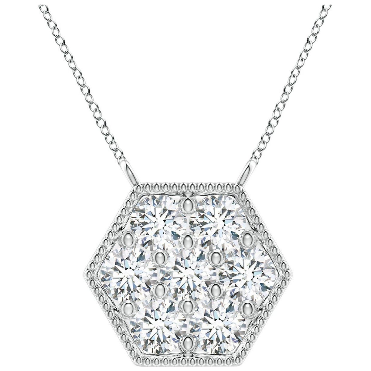 Angara Natural Pave-Set Diamond Hexagon Necklace with Milgrain in Platinum