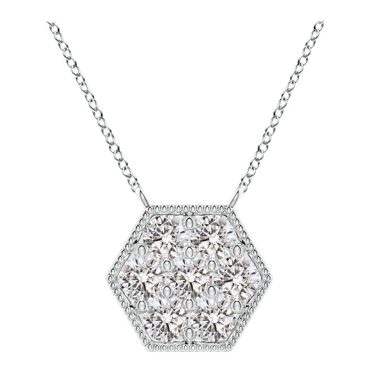 Angara Natural Pave-Set Diamond Hexagon Necklace with Milgrain in Platinum