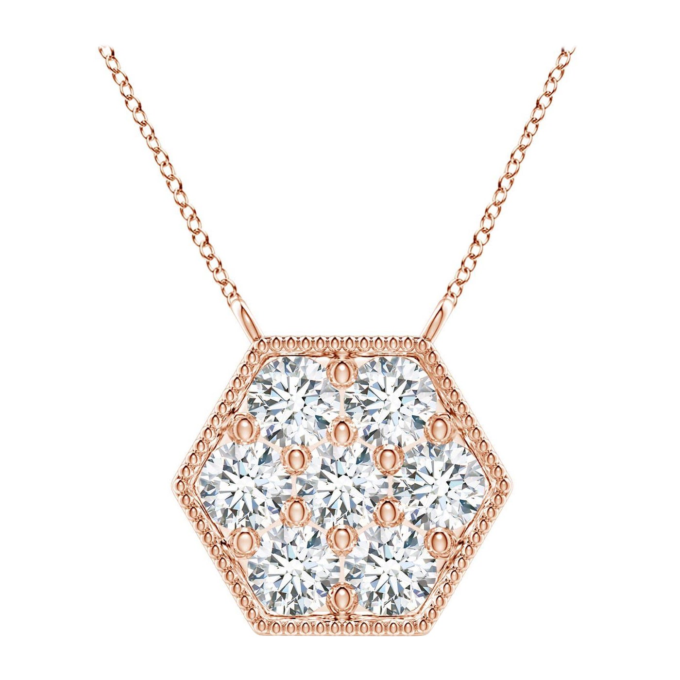Angara Natural Pave-Set Diamond Hexagon Necklace with Milgrain in 14K Rose Gold