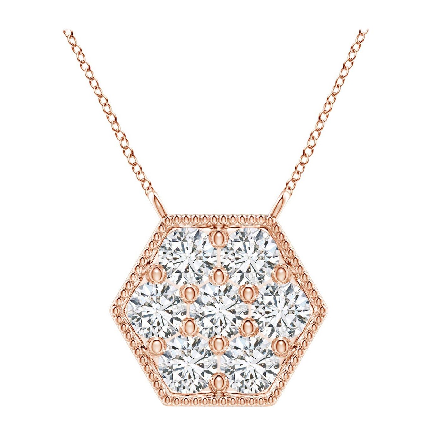Angara Natural Pave-Set Diamond Hexagon Necklace with Milgrain in 14K Rose Gold For Sale