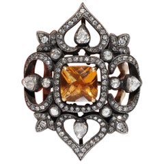 Vintage 18k Gold Top Silver Natural Diamond And Topaz Decorated Strong Ring
