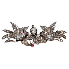 Antique  Circa 1870s 9k Gold Natural Rose Cut Diamond  Amazing Birds Brooch