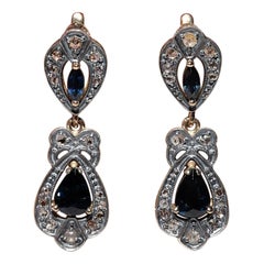 Vintage  Pendants d'oreilles en or 14 carats, diamants naturels taille rose et saphirs