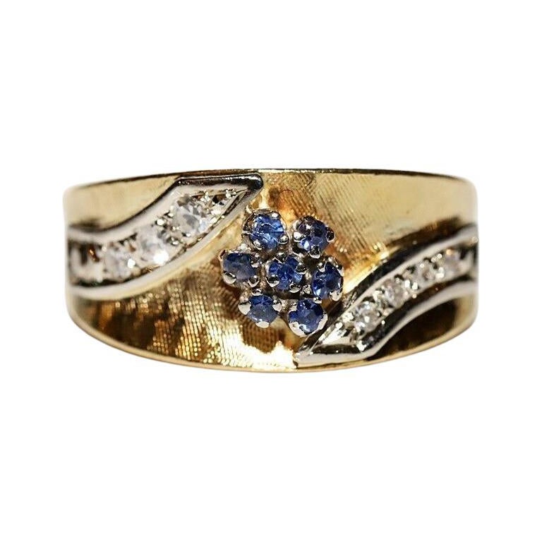 Vintage Circa 1980er Jahre 18k Gold Natürlicher Diamant und Saphir Dekorierter Ring