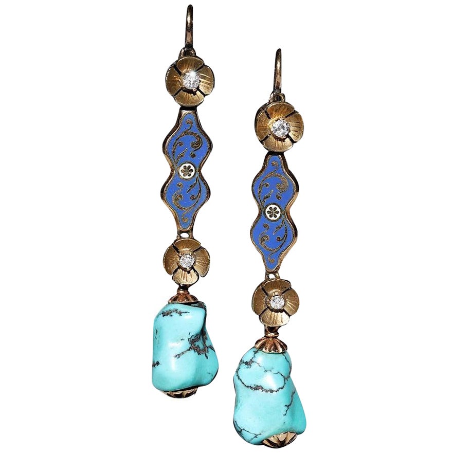 Boucle d'oreille ancienne en or 18k avec diamant naturel, turquoise et émail