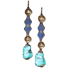 Boucle d'oreille ancienne en or 18k avec diamant naturel, turquoise et émail