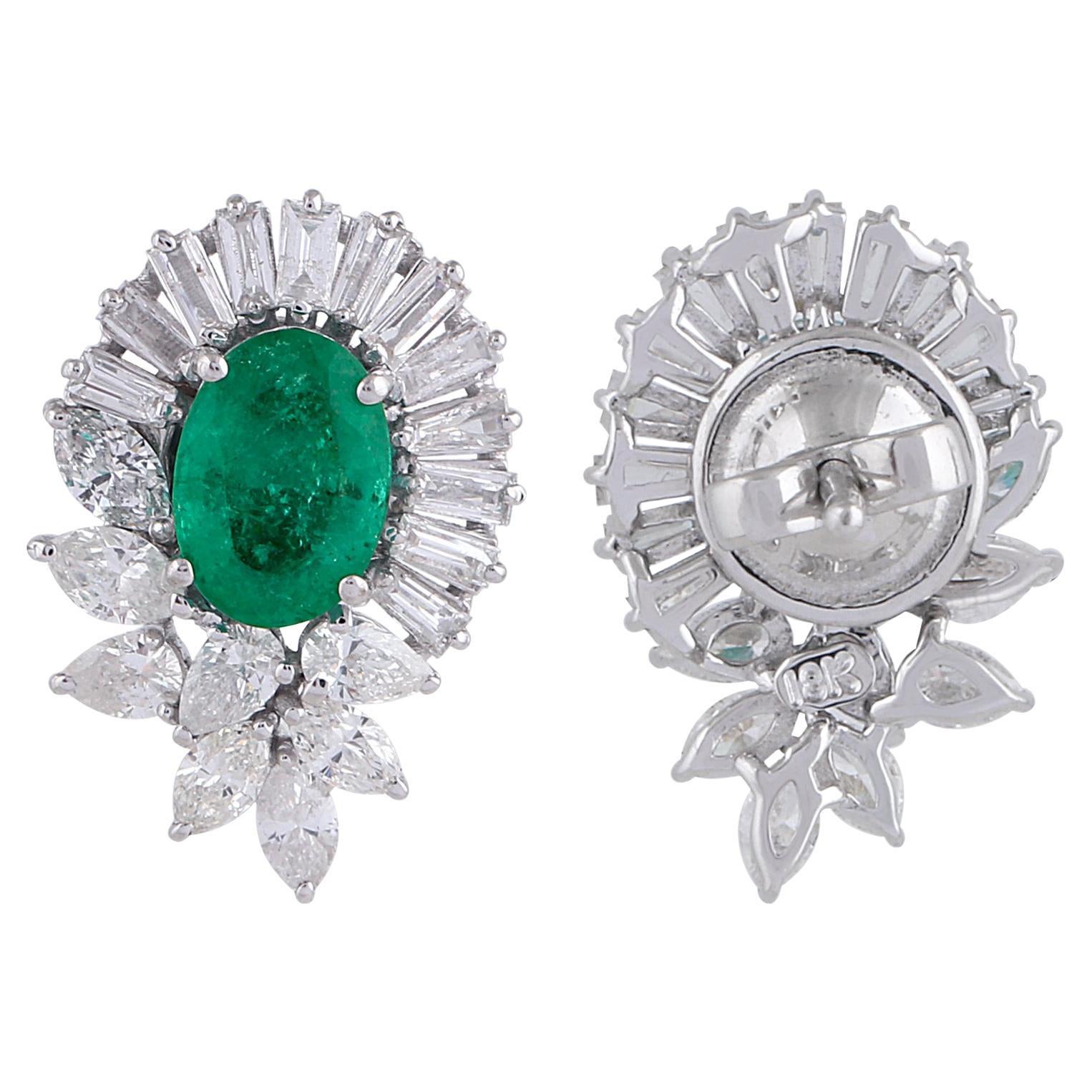 Oval Emerald Halo Diamond Stud Earrings in Solid 18k White Gold Wedding Gift For Sale