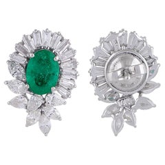 Oval Emerald Halo Diamond Stud Earrings in Solid 18k White Gold Wedding Gift