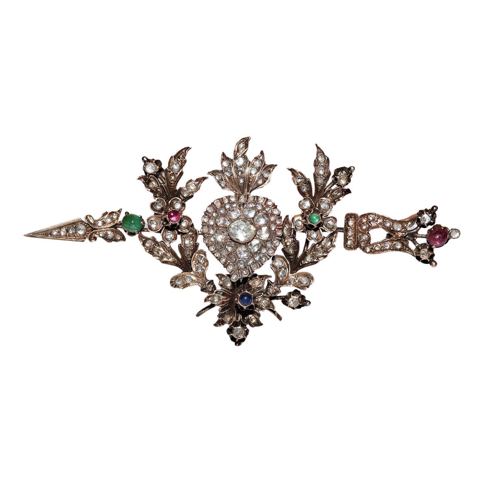 Antica spilla in oro 8 ct. del 1900 con diamante taglio rosa naturale e smeraldo rubino