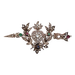 Antique Circa 1900s 8k Gold Natural Rose Cut Diamond Emerald Ruby Brooch