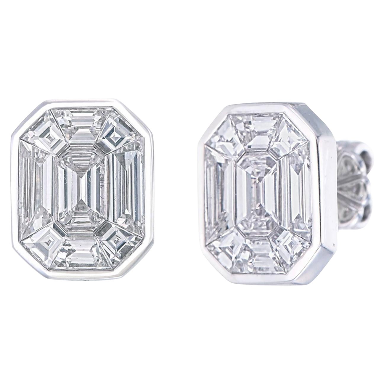 8 carat face Elegant Emerald-Cut Diamond Illusion Stud Earrings in White Gold For Sale