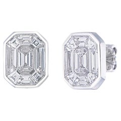 8 carat face Elegant Emerald-Cut Diamond Illusion Stud Earrings in White Gold