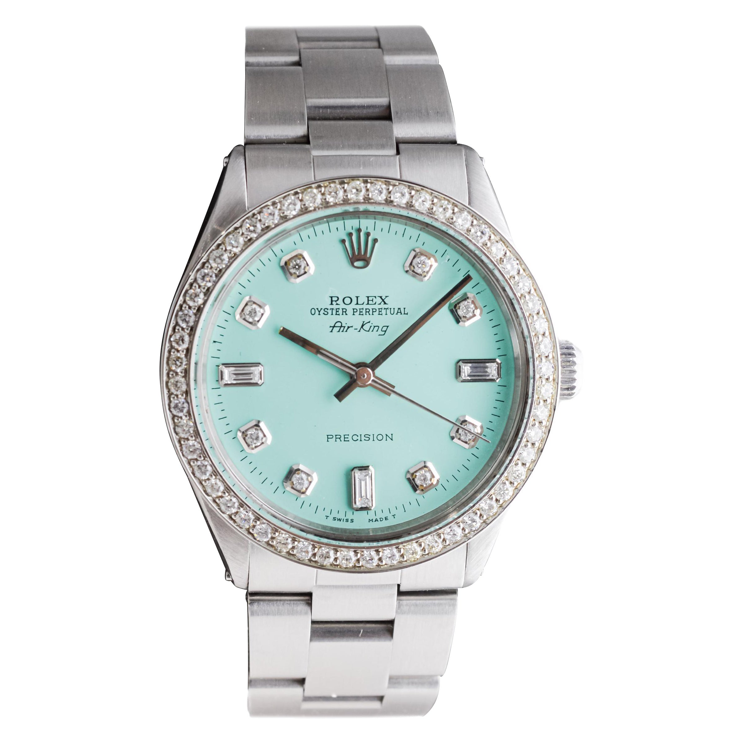 Rolex Steel Air King With Custom Blue Dial and Diamond Bezel 1970s For Sale