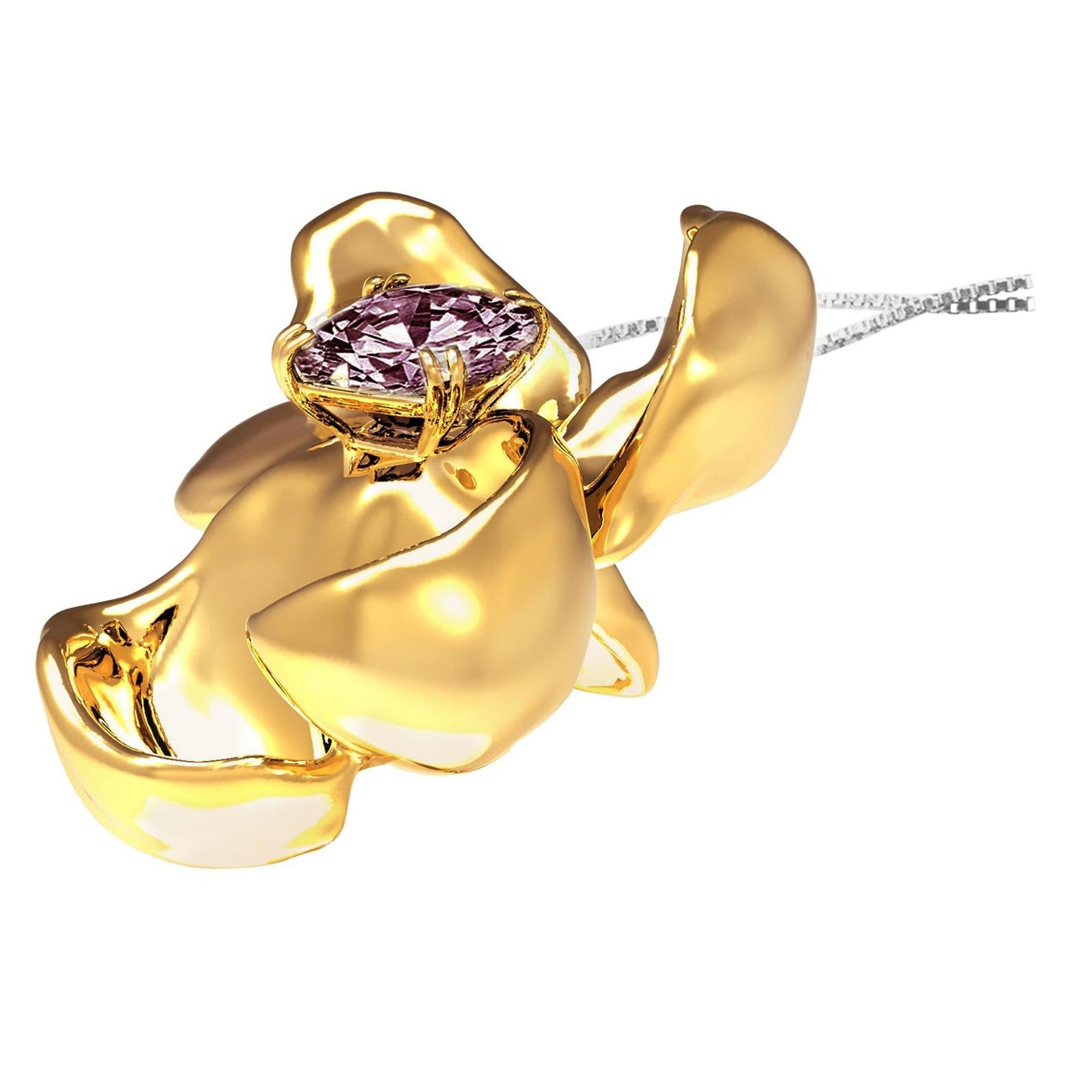 Yellow Gold Contemporary Magnolia Pendant Necklace with Spinel For Sale