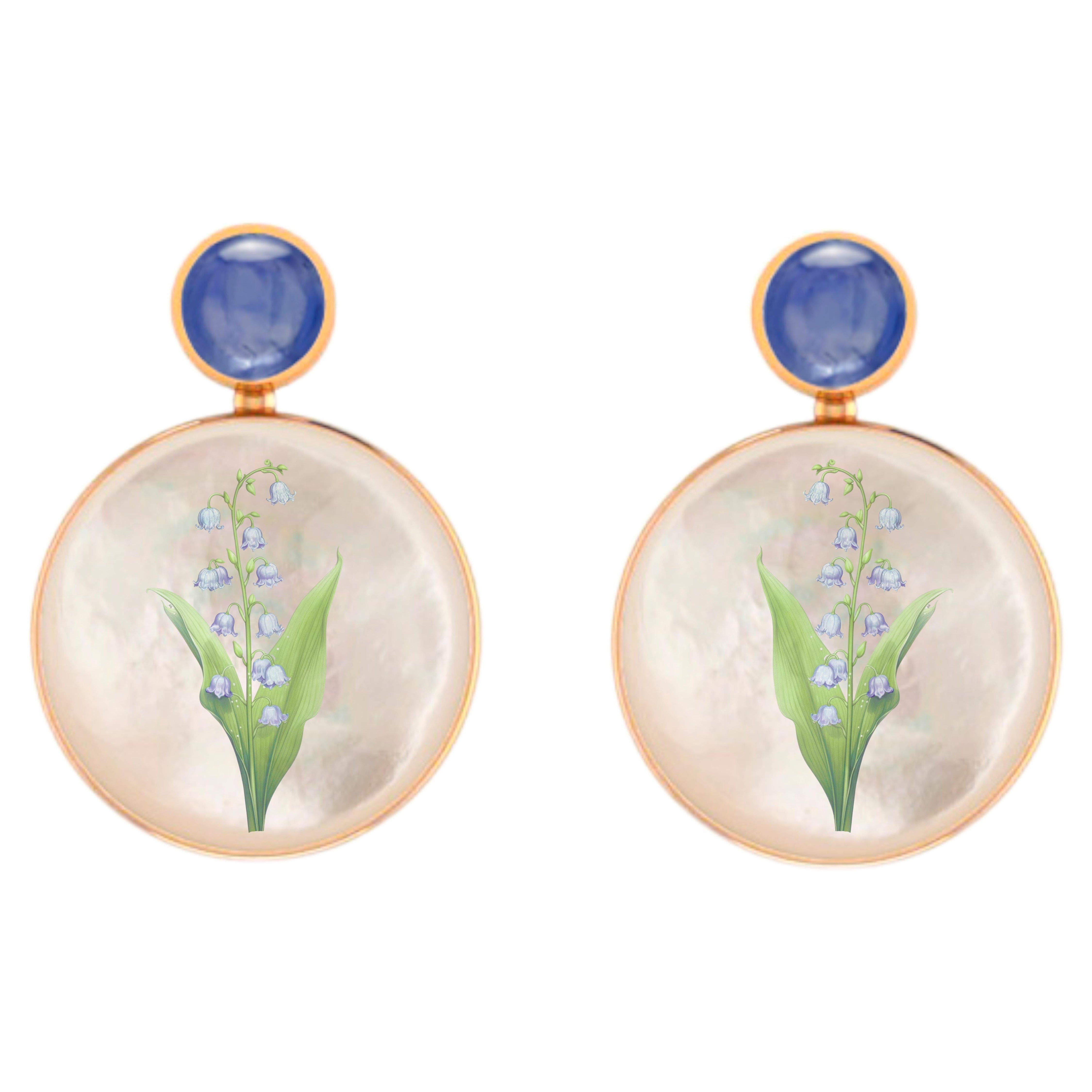 Mother Of Pearl Shell Stud Earrings, sapphire  and lily of the valley painting. For Sale