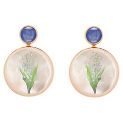 Mother Of Pearl Shell Stud Earrings, sapphire  and lily of the valley painting.