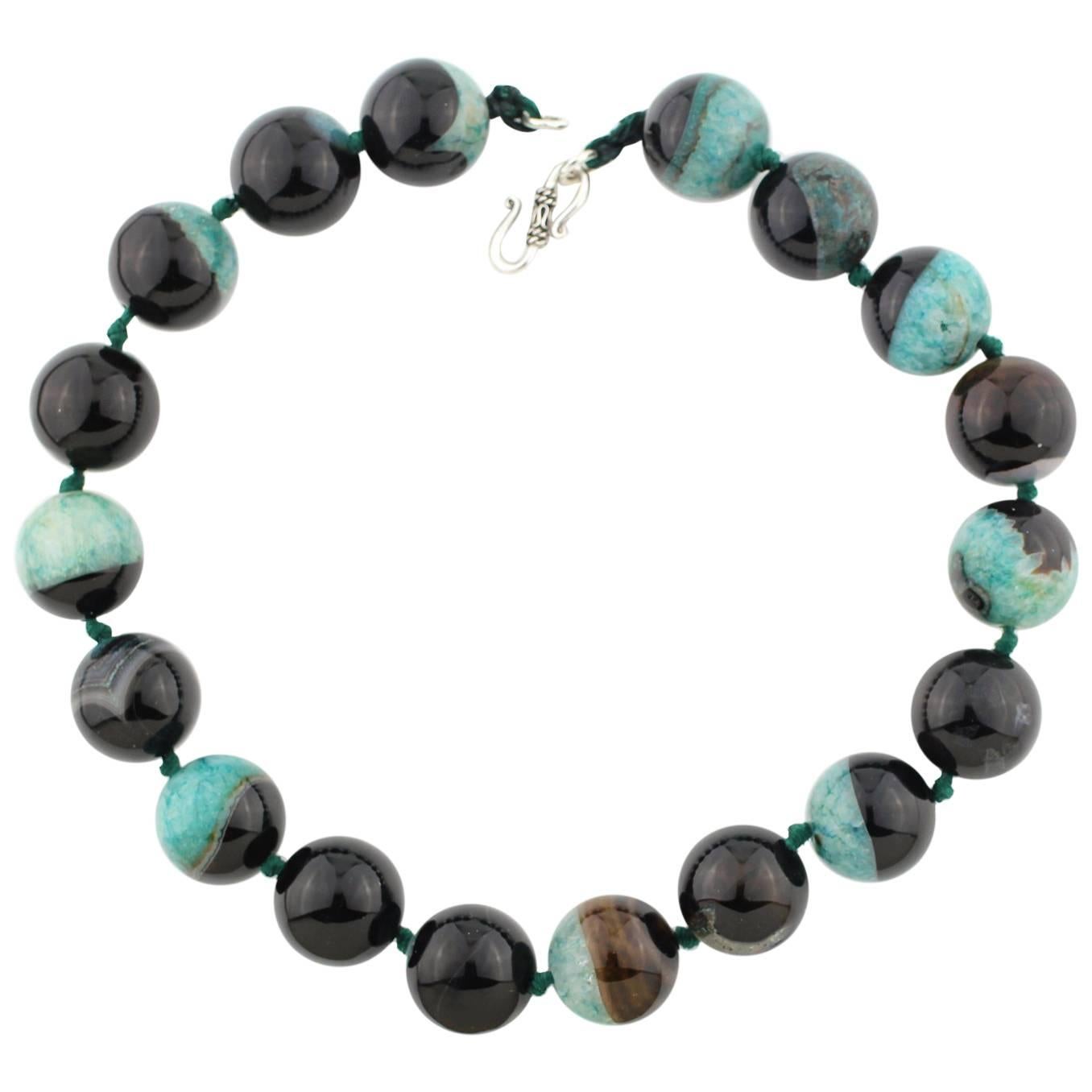 Natural Greenish Blue and Black Agate Necklace