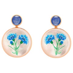 Mother Of Pearl Shell Stud Earrings, sapphire  and cornflower painting.