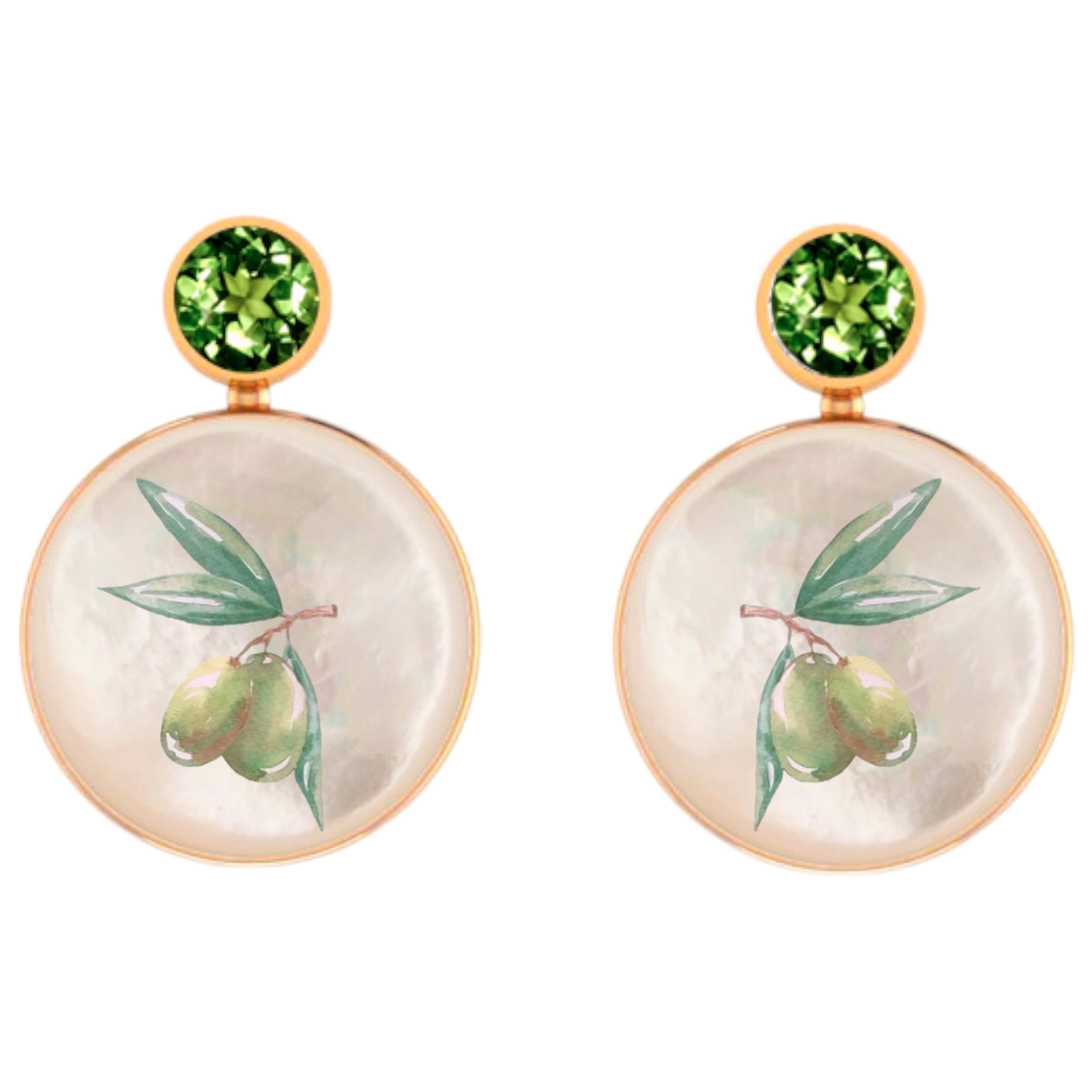 Peridot, olive tree painting, Mother of pearl earrings studs. For Sale