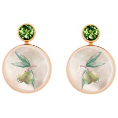 Peridot, olive tree painting, Mother of pearl earrings studs.