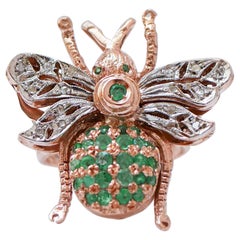 Emeralds, Diamonds, Tsavorite, Rose Gold and Silver Fly Shape  Ring.