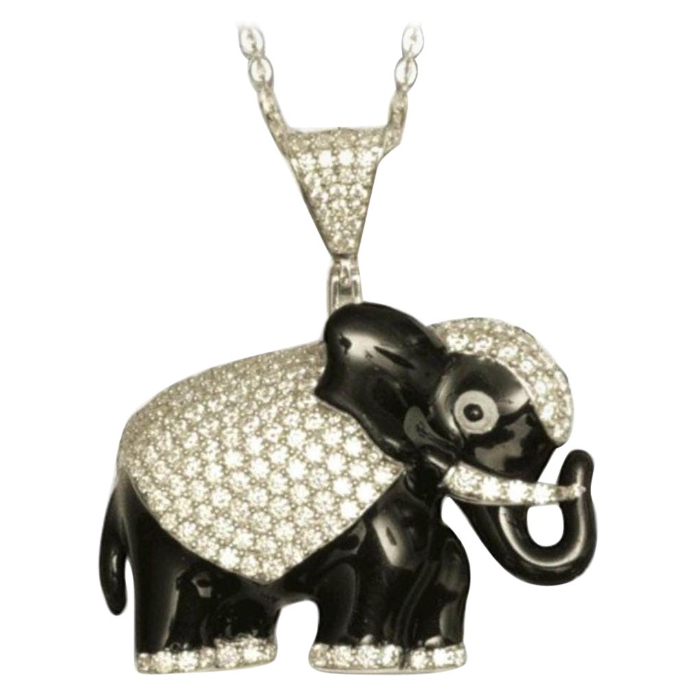 Elephant Black Enamel Diamond Pendant Necklace in 14K Solid Gold (Certified) For Sale