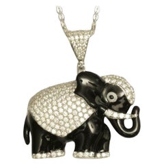 Elephant Black Enamel Diamond Pendant Necklace in 14K Solid Gold (Certified)