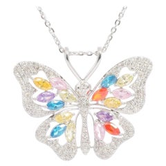 Collier Butterfly en or massif 14K avec diamants et pierres multicolores (certifié)
