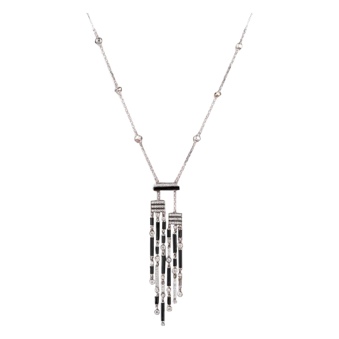 Collier Art Déco en or massif 14k (certifié) avec houppe en diamant et pierre d'onyx en vente