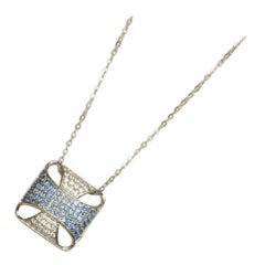 Square Blue Sapphire Diamond Pendant Necklace in 14k Solid Gold (Certified)