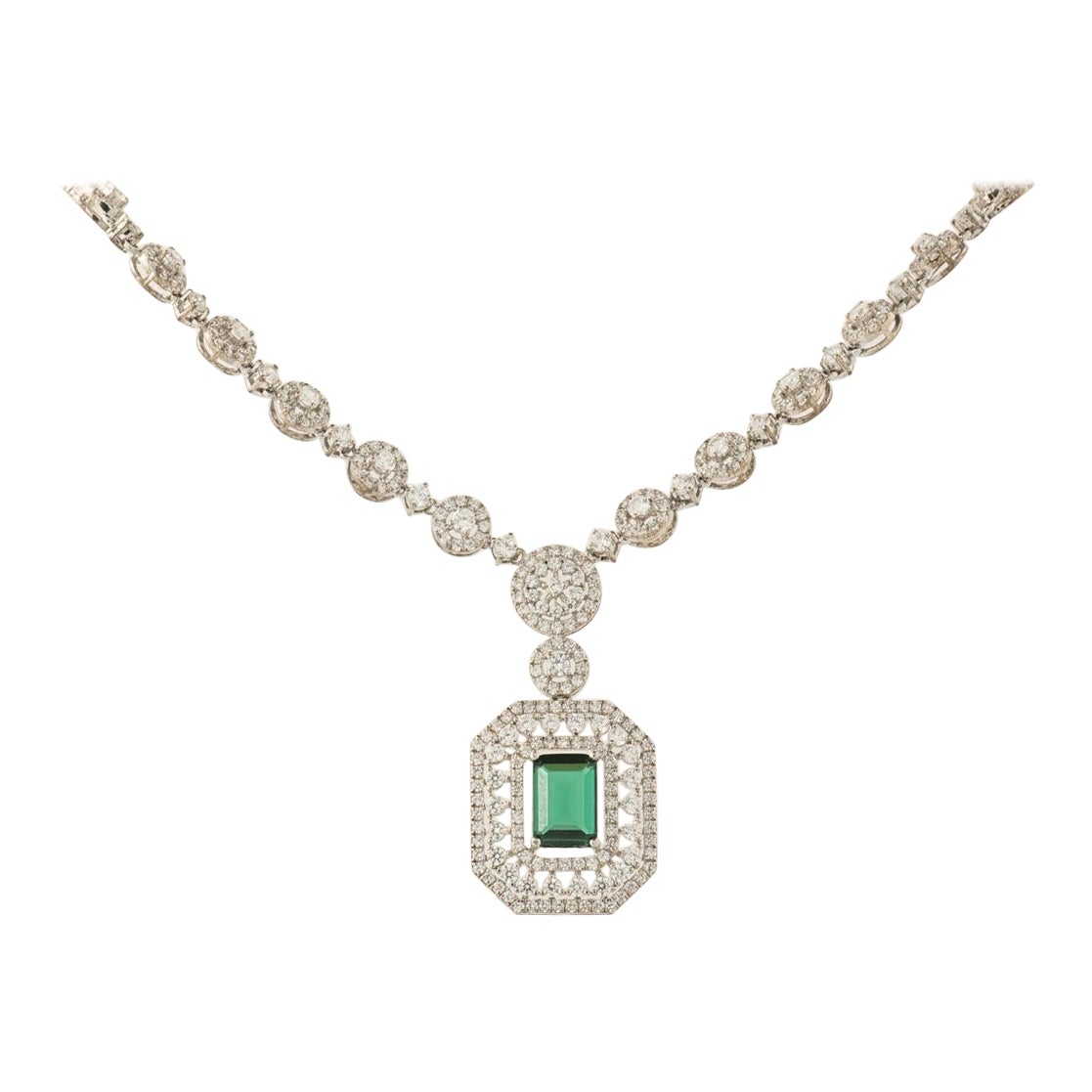Halo Emerald Diamond Necklace in 14K Solid Gold (Certified)