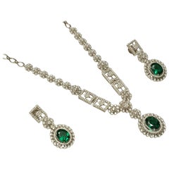 Halo Oval Emerald Diamond Necklace Earring Set in 14k Solid Gold (Certified)