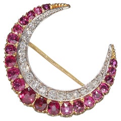Antique Ruby, Diamond, Gold And Silver Crescent Brooch, Circa 1900