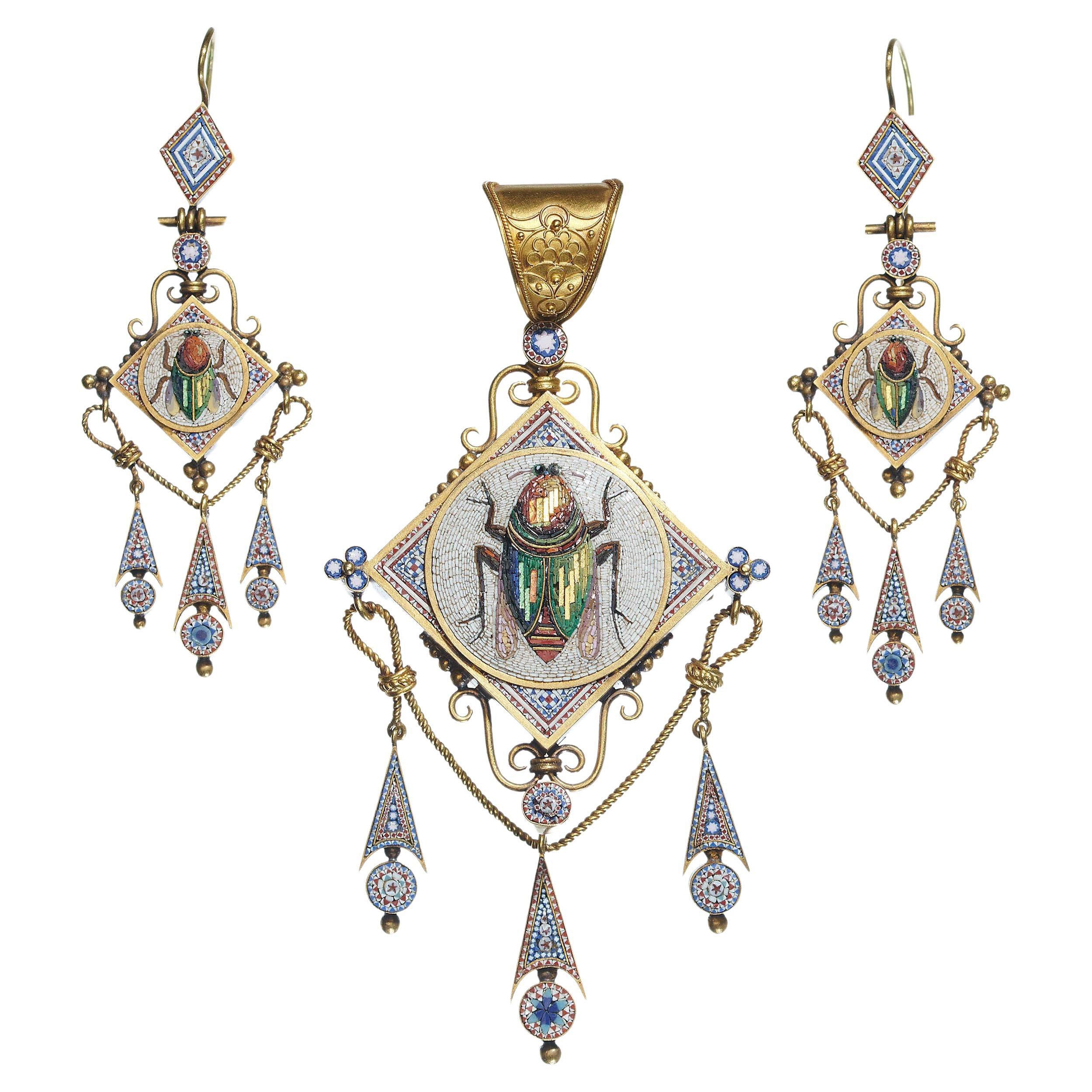 Antique Italian Micromosaic Gold Brooch-Pendant And Earrings Suite, Circa 1870 For Sale