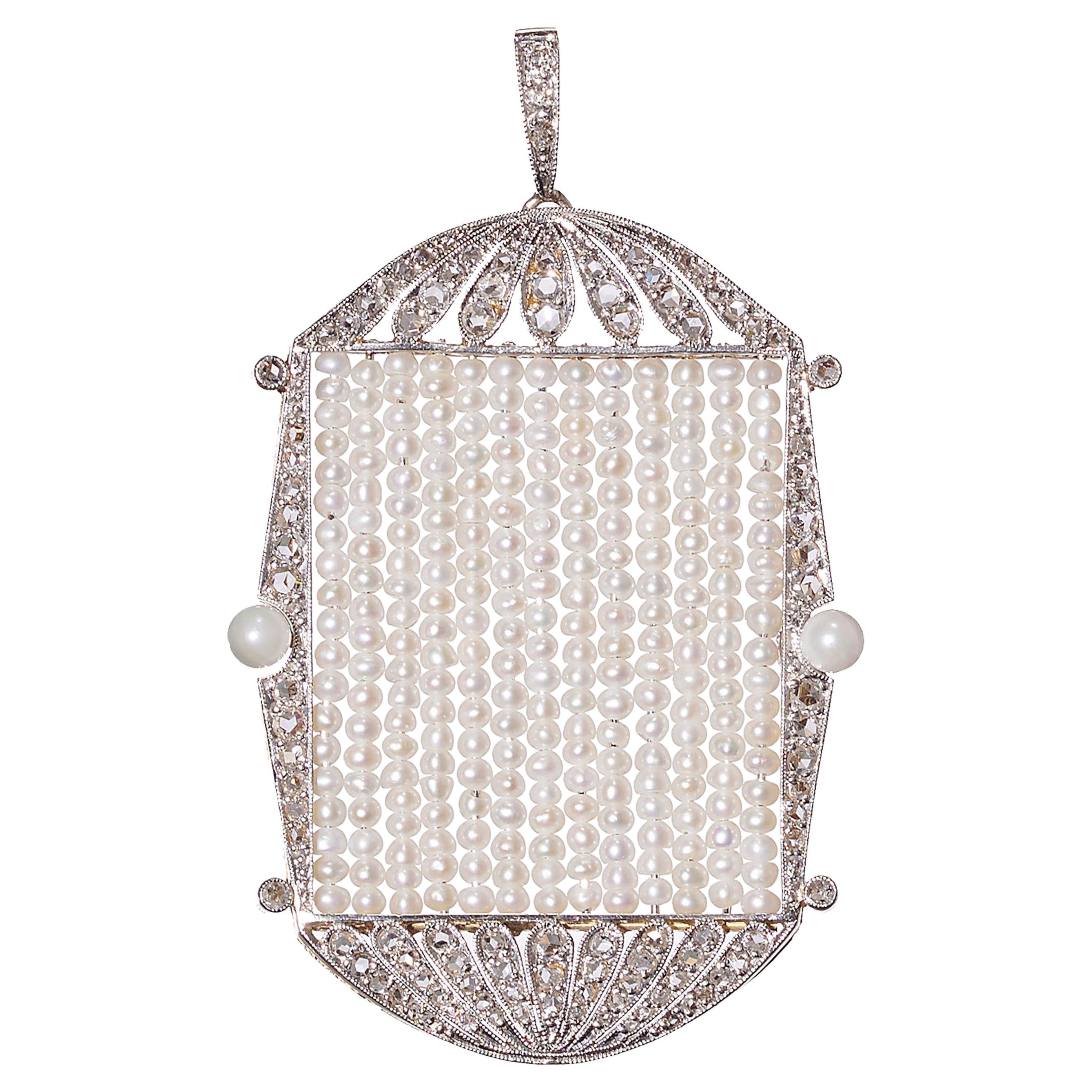 Ciondolo Art Deco con perle, diamanti e platino, circa 1930 in vendita
