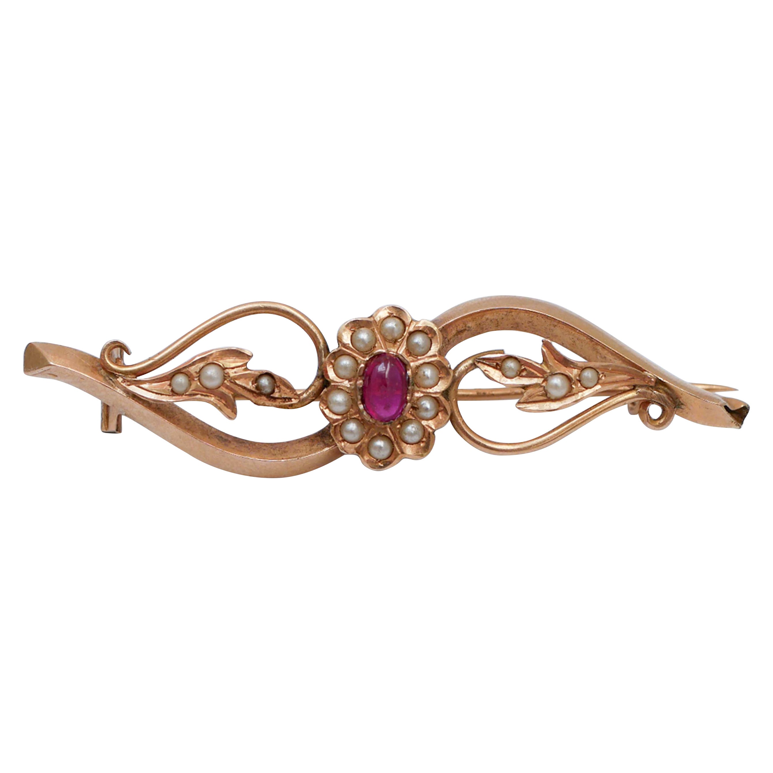Pearls, Ruby, 18 Karat Rose Gold Brooch.
