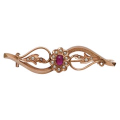 Antique Pearls, Ruby, 18 Karat Rose Gold Brooch.
