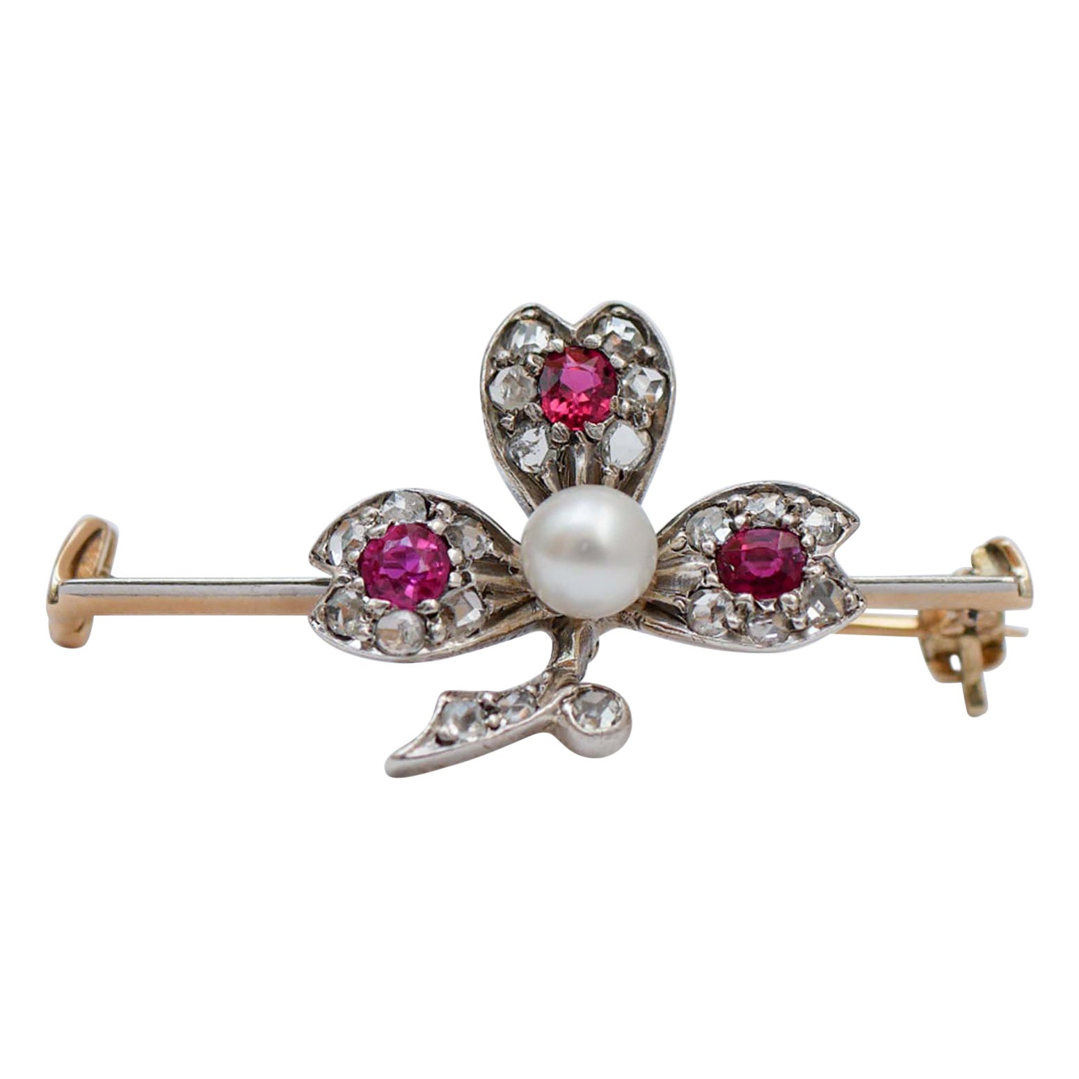 Pearl, Rubies, Diamonds, 12 Karat Rose Gold and Silver Brooch.