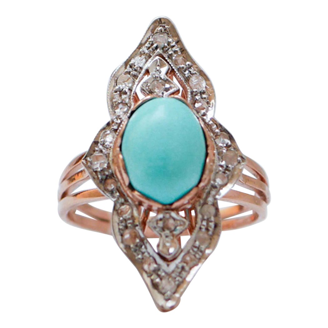 Turquoise, Diamonds, Rose Gold and Silver Ring. For Sale