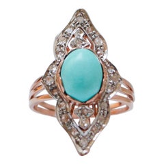 Turquoise, Diamonds, Rose Gold and Silver Ring.