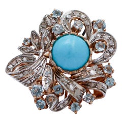 Magnesite, Topazio color acquamarina, diamanti, anello in oro rosa e argento 14 carati