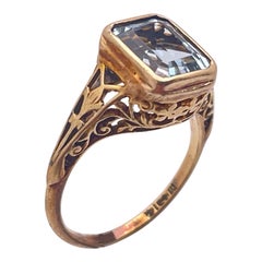 Vintage 3 CT Blue Aquamarine Art Deco 14K Yellow Gold Engagement Ring