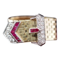 Tiffany & Co. Bague de ceinture ajustable vintage en or jaune 14 carats, rubis et diamants