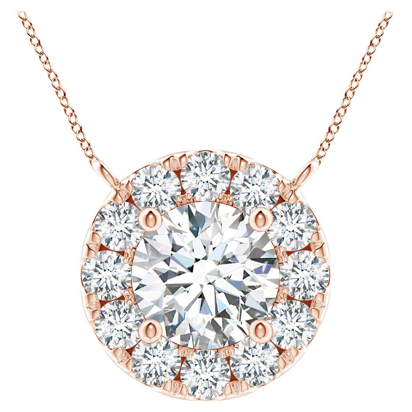 Angara Natural Round Diamond Necklace with Halo in 14K Rose Gold for Women