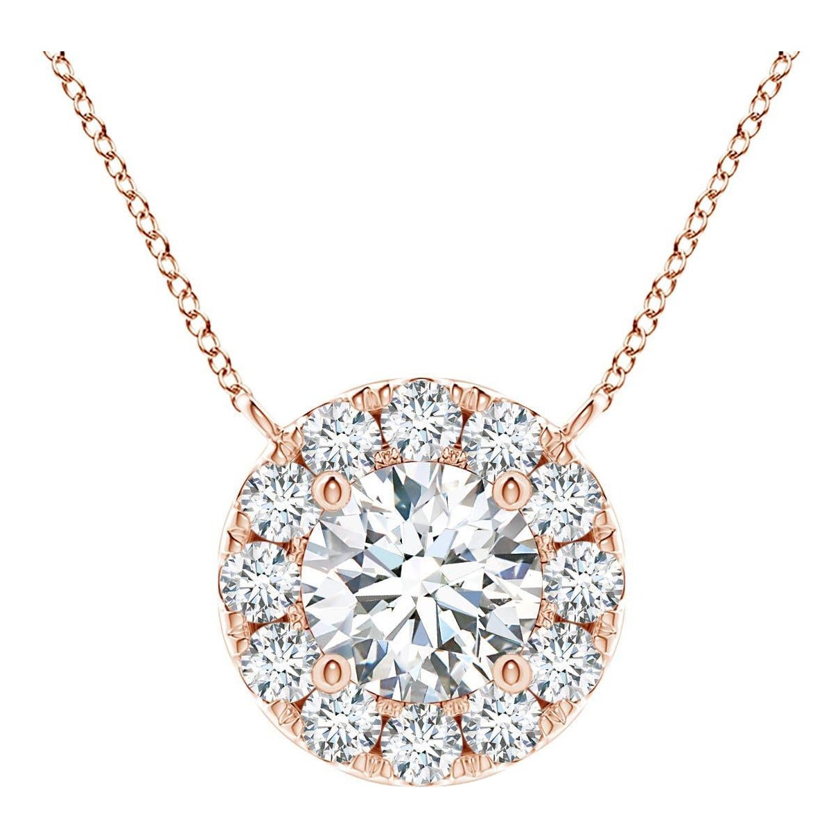 Angara Natural Round Diamond Necklace with Halo in 14K Rose Gold for Women