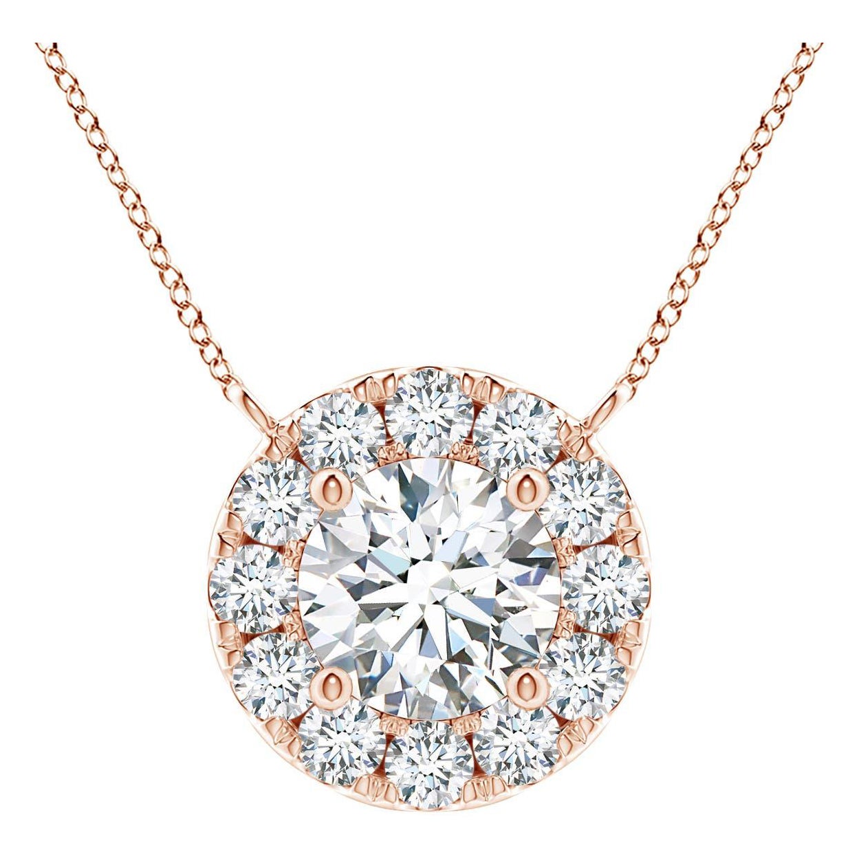 Angara Natural Round Diamond Necklace with Halo in 14K Rose Gold for Women