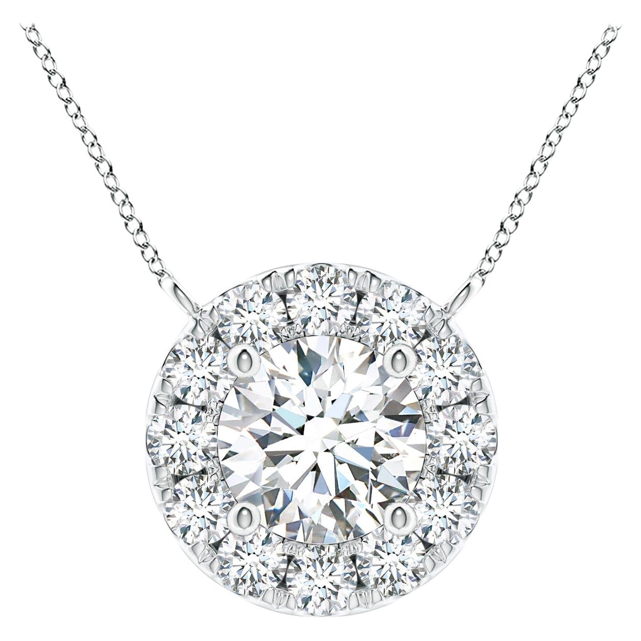 Angara Natural Round Diamond Necklace with Halo in 14K White Gold for Women For Sale